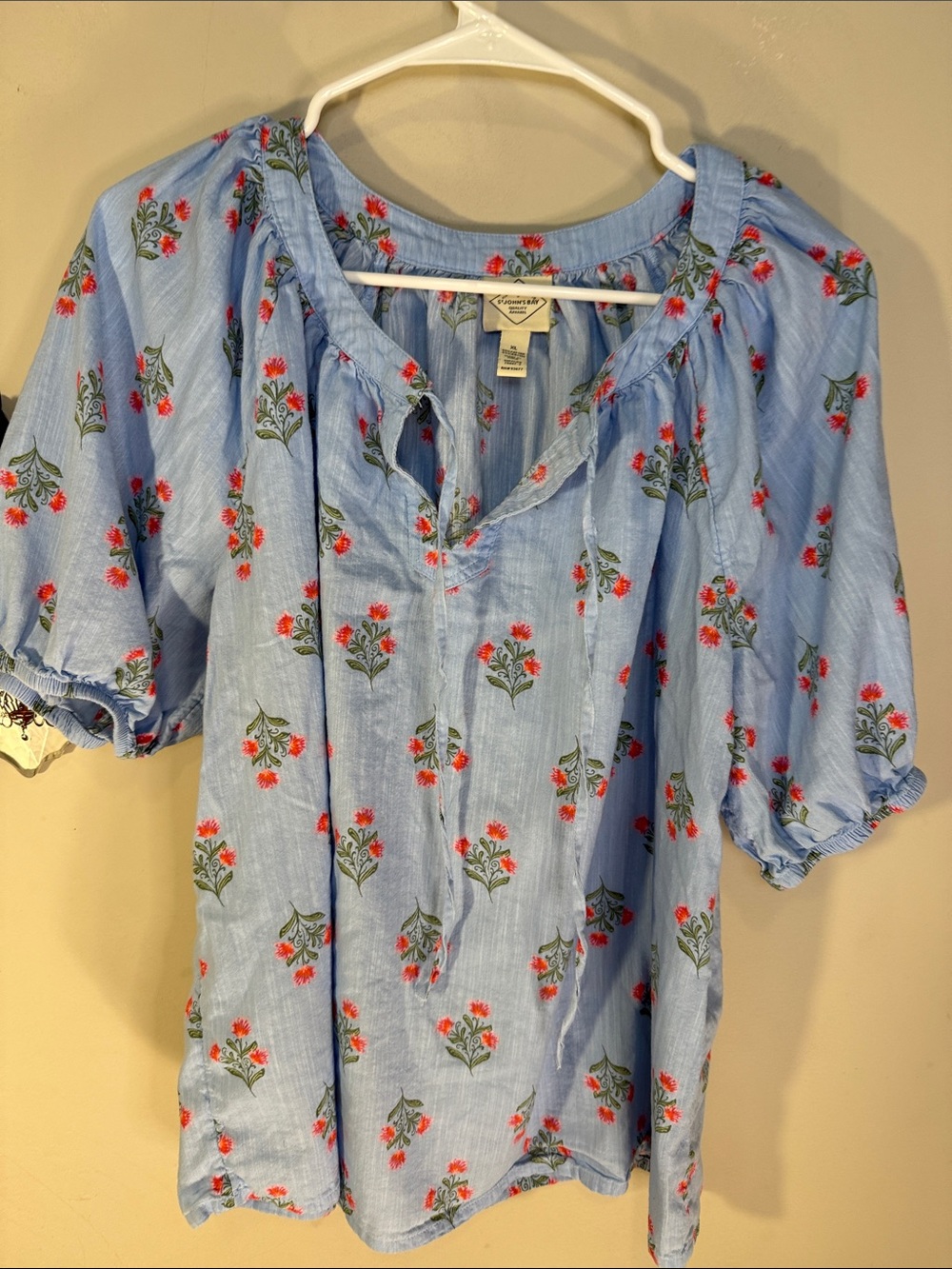 St. John's Bay Light Blue Floral Tie-Neck Blouse